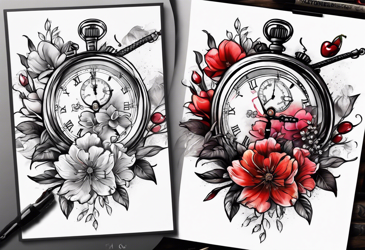 Stopwatch, sword and cherry bloom tattoo idea