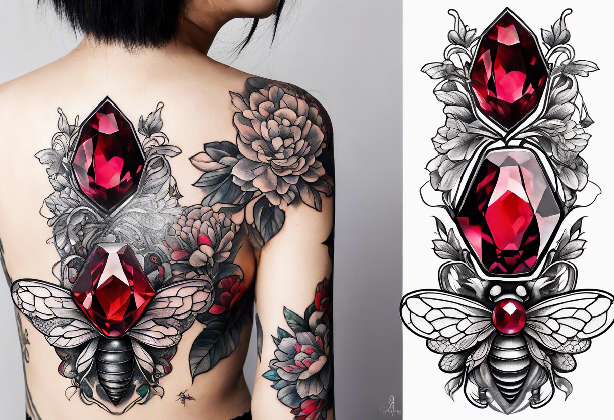 A forearm tattoo of a ruby gemstone and a honey bee tattoo idea