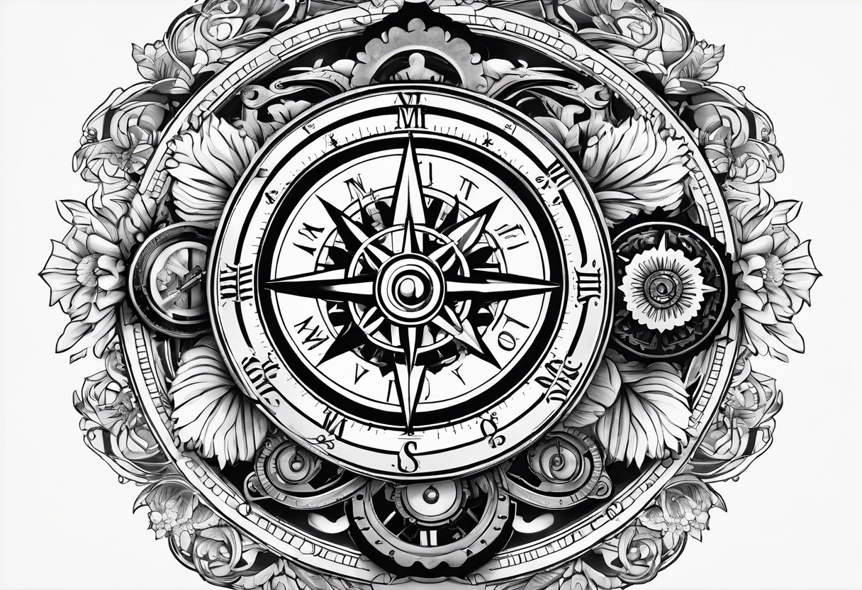 A Vintage compass with gears and marigold flower behind it. tattoo idea