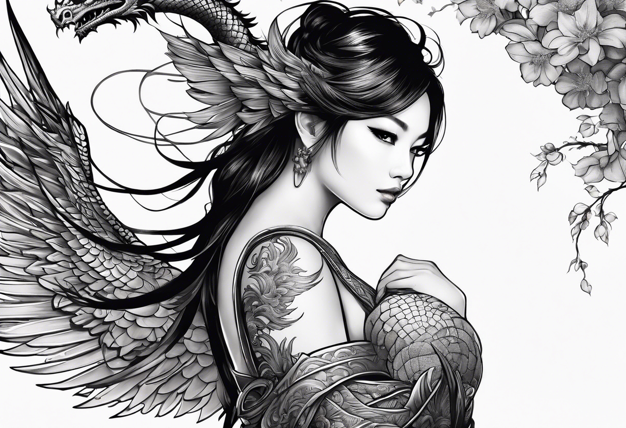 beautiful warrior nymph with large wings coming out of her back and a dragon in the background tattoo idea