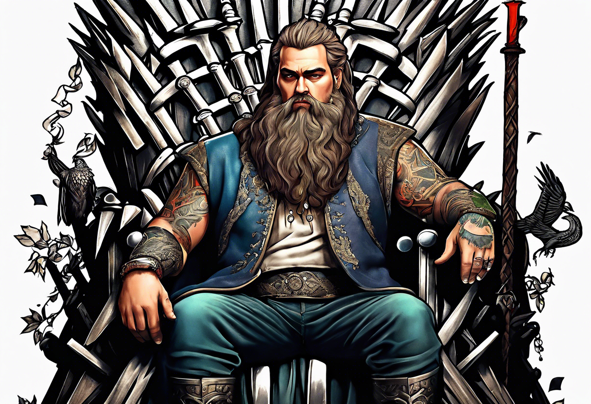 Large man carrying bags of money to a thin German man sitting on an iron throne tattoo idea