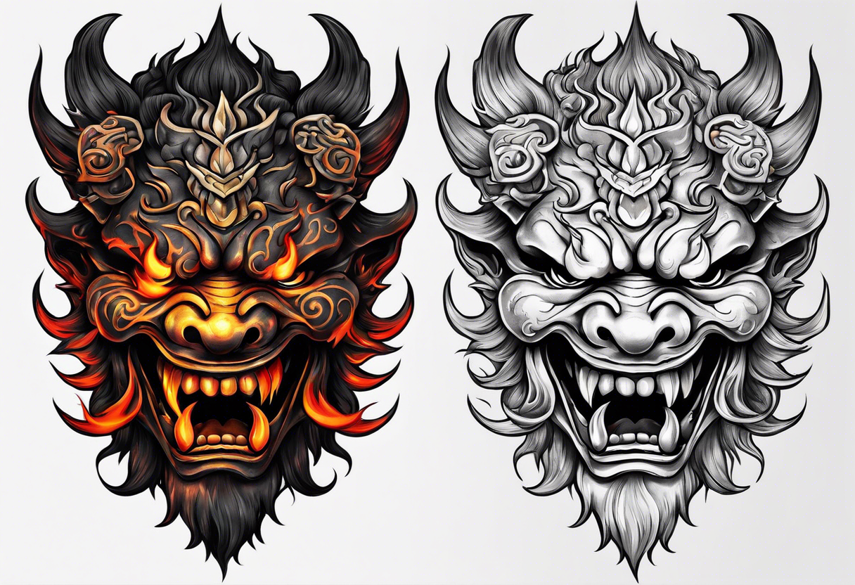 Oni mask with mouthful of flames tattoo idea