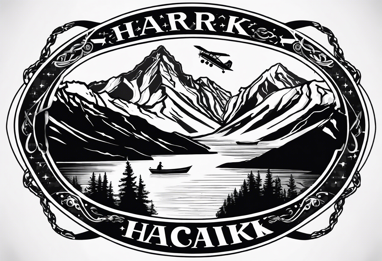 The word "HARK" as a banner with a mountain, a carabiner, compass, lake and an airplane in a circular design tattoo idea