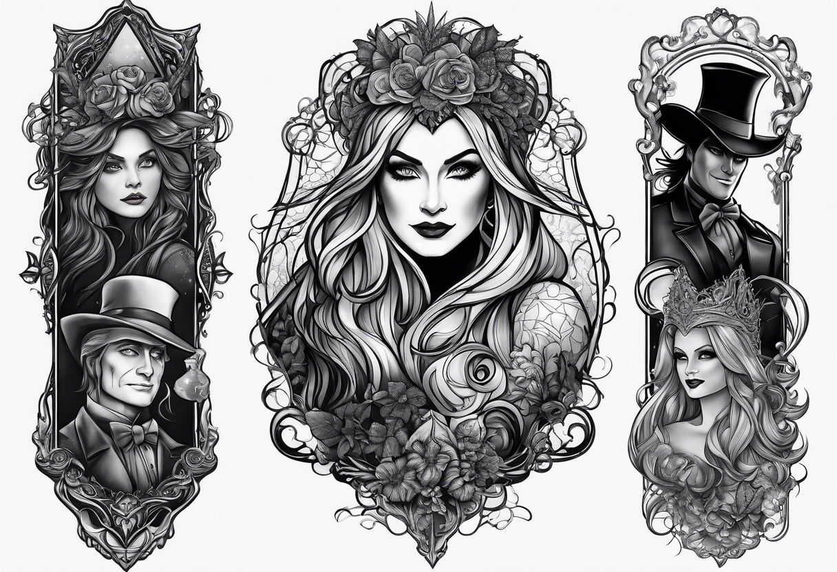 full arm sleeve very dark with characters from wicked: elphaba, Glinda, fiyero, tattoo idea