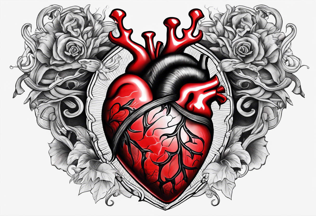 real looking anatomically correct heart that appears to be alive and pumping blood with an ancient anchor penetrating completely through it tattoo idea