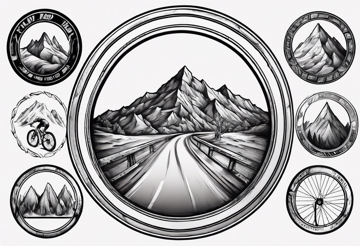 road cycle front wheel drawn as a gym plate with a mountain in the middle tattoo idea