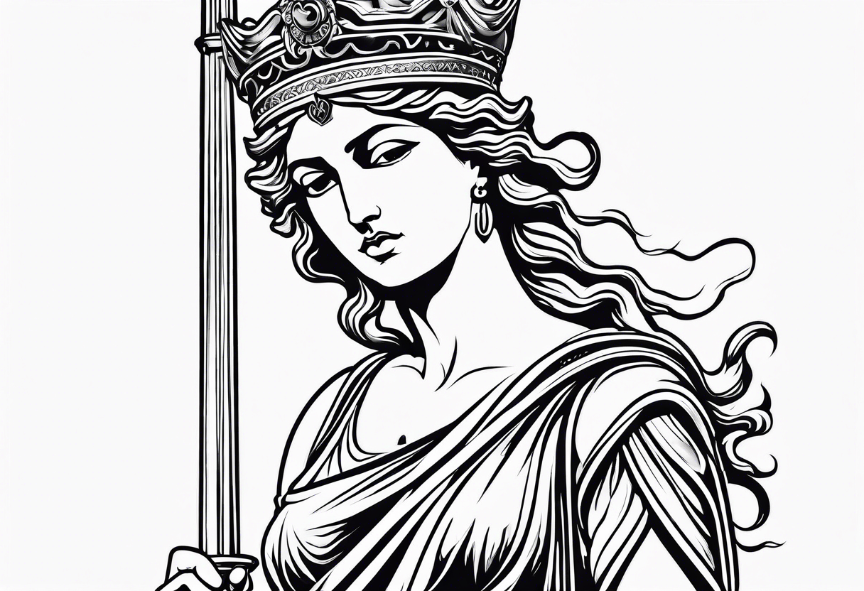 Themis (Greek Goddess of Justice), cutting her eyes with her sword. It is necessary to convey an atmosphere of greed and power. tattoo idea