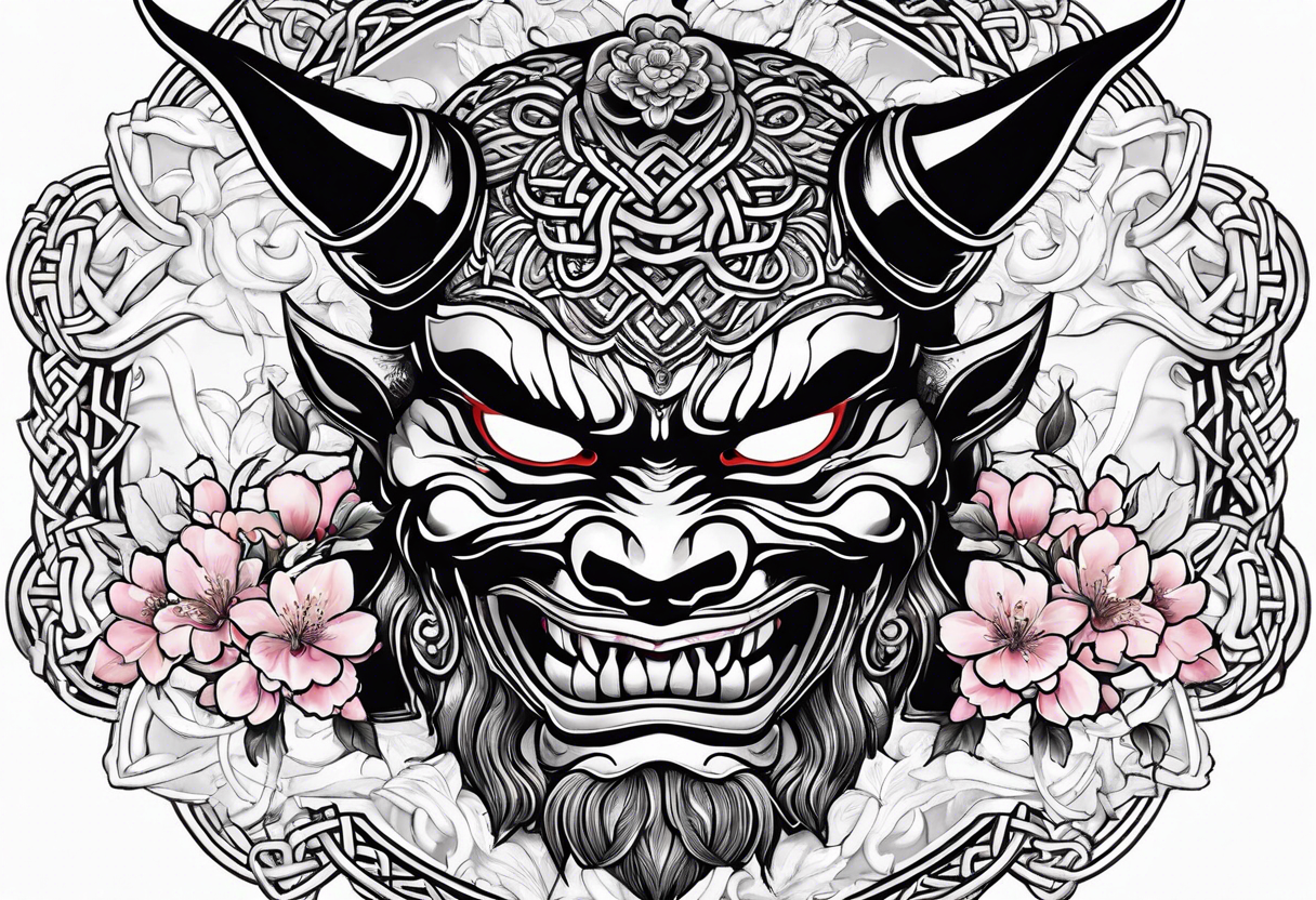 Oni mask with a cherry blossom background in a Celtic style tattoo idea