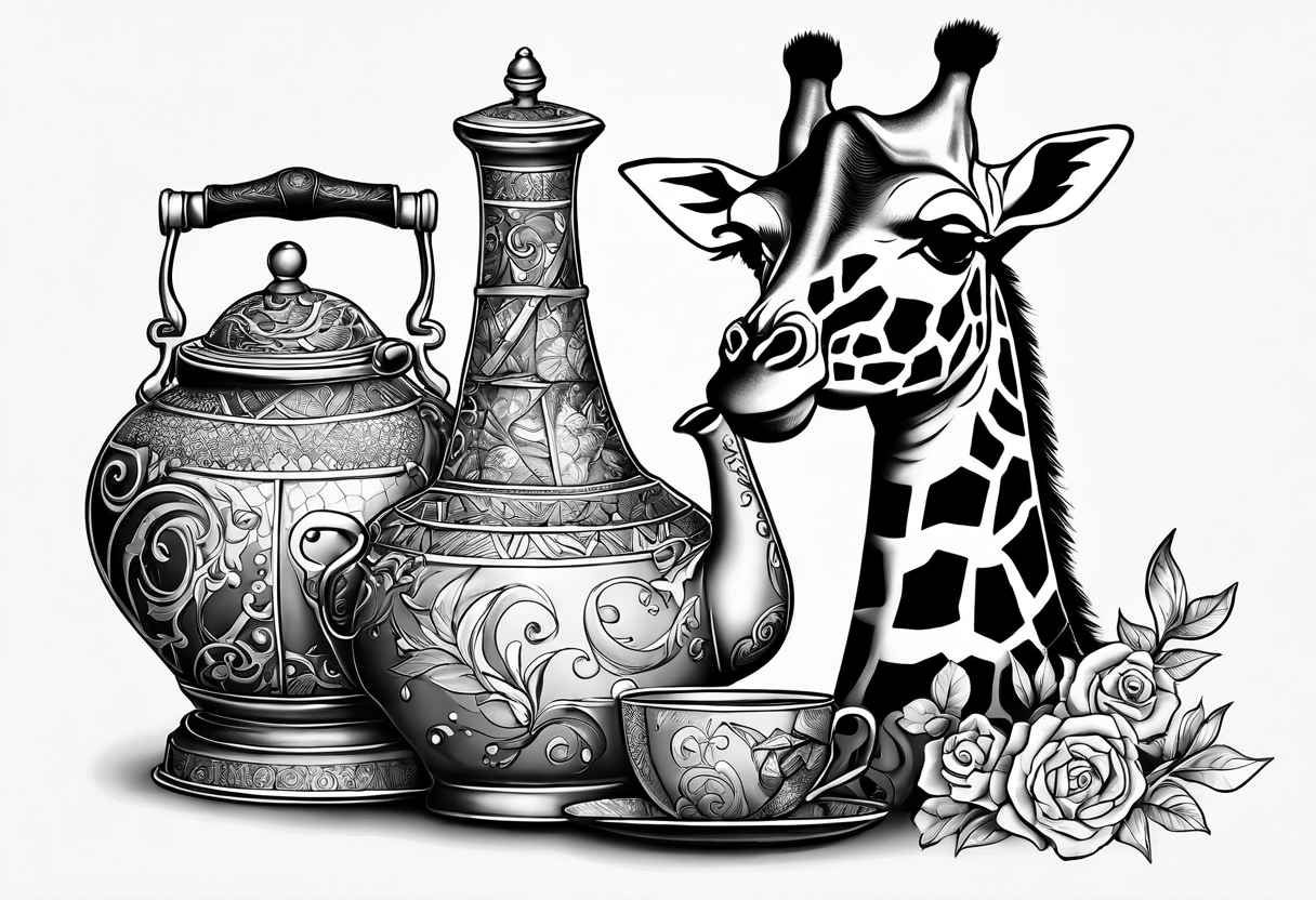 giraffe, tea pot, belt, bruch tattoo idea