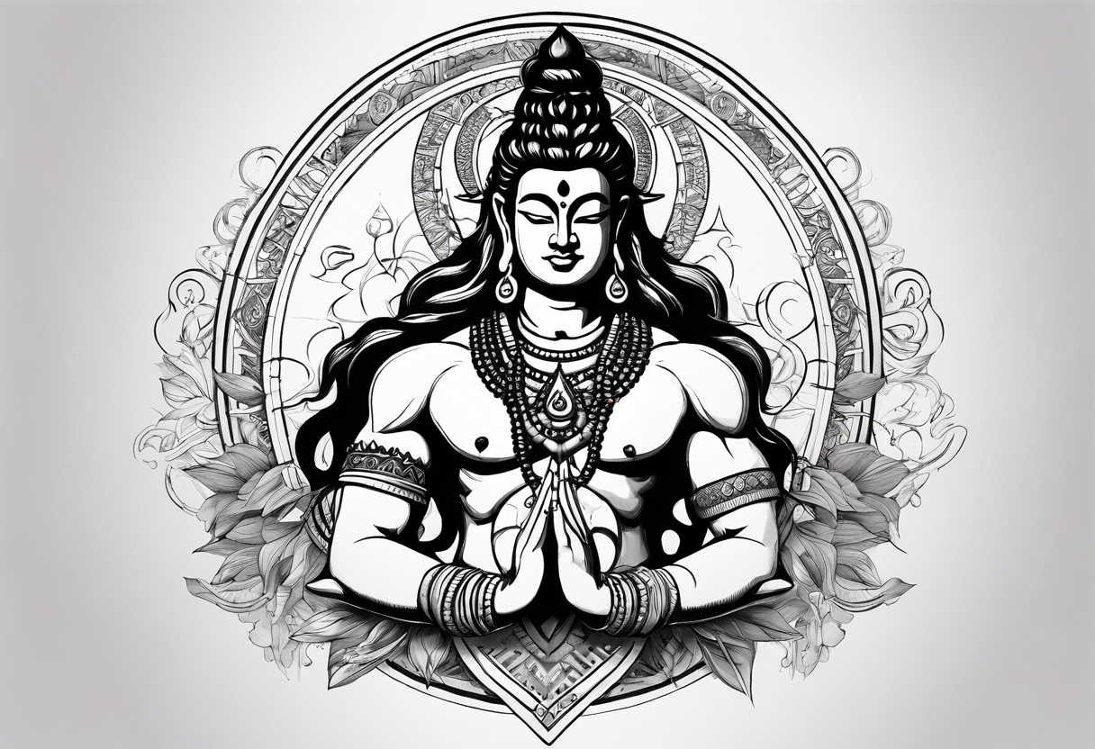 envision Shiva in a dynamic pose, surrounded by symbols representing adventure and karma, with flowing elements to signify your go-with-the-flow attitude. tattoo idea