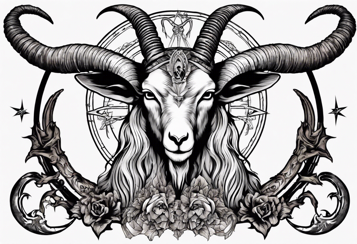 Baphomet full sleeve high contrast human like goat friendly but strong no flowers tattoo idea