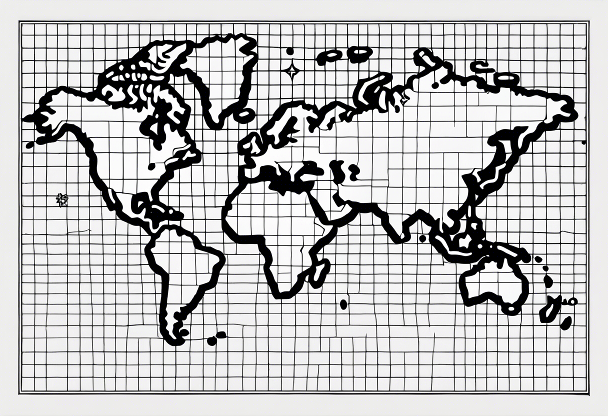 flat map of the earth with lines of a grid not shaded in with no bolding with the countries with accurate borders tattoo idea