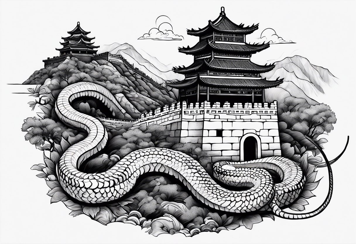 Rat behind Tiger and Snake on the great Wall of China with Temple tattoo idea