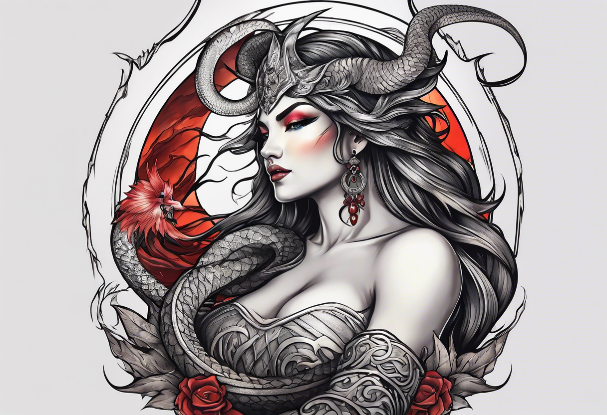 a profile of the demon goddess lilith holding a serpent tattoo idea