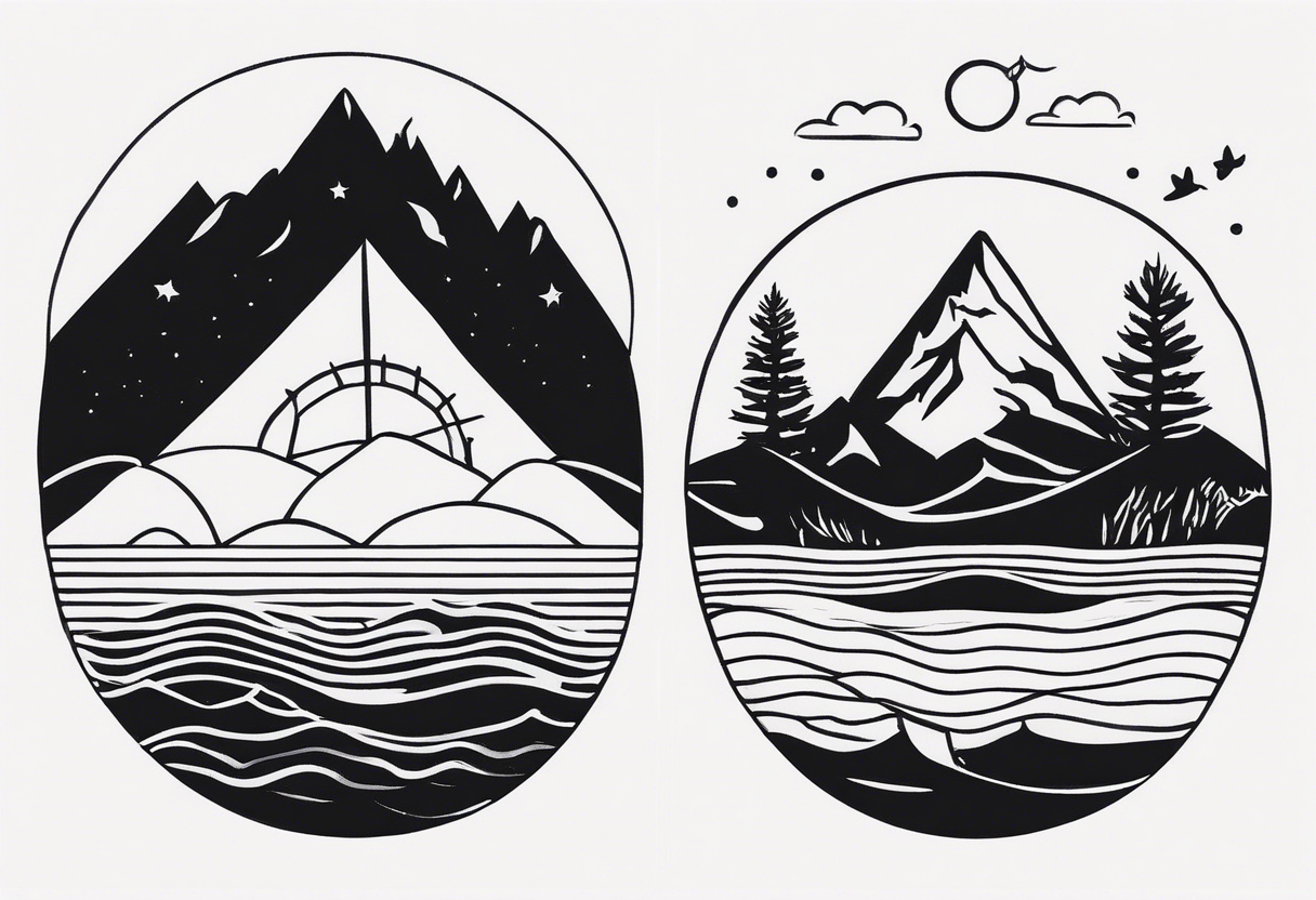 i want two different tattoos next to each other in a matching sytle. one is going to be about a sea/beach at sunset and the second one is mountains with sunrise. All going to be black and white. tattoo idea