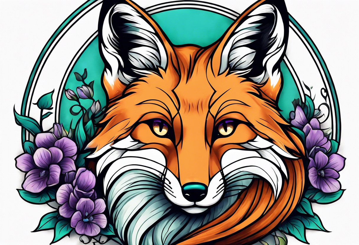 Neo traditional fox with violets and teal frame tattoo idea