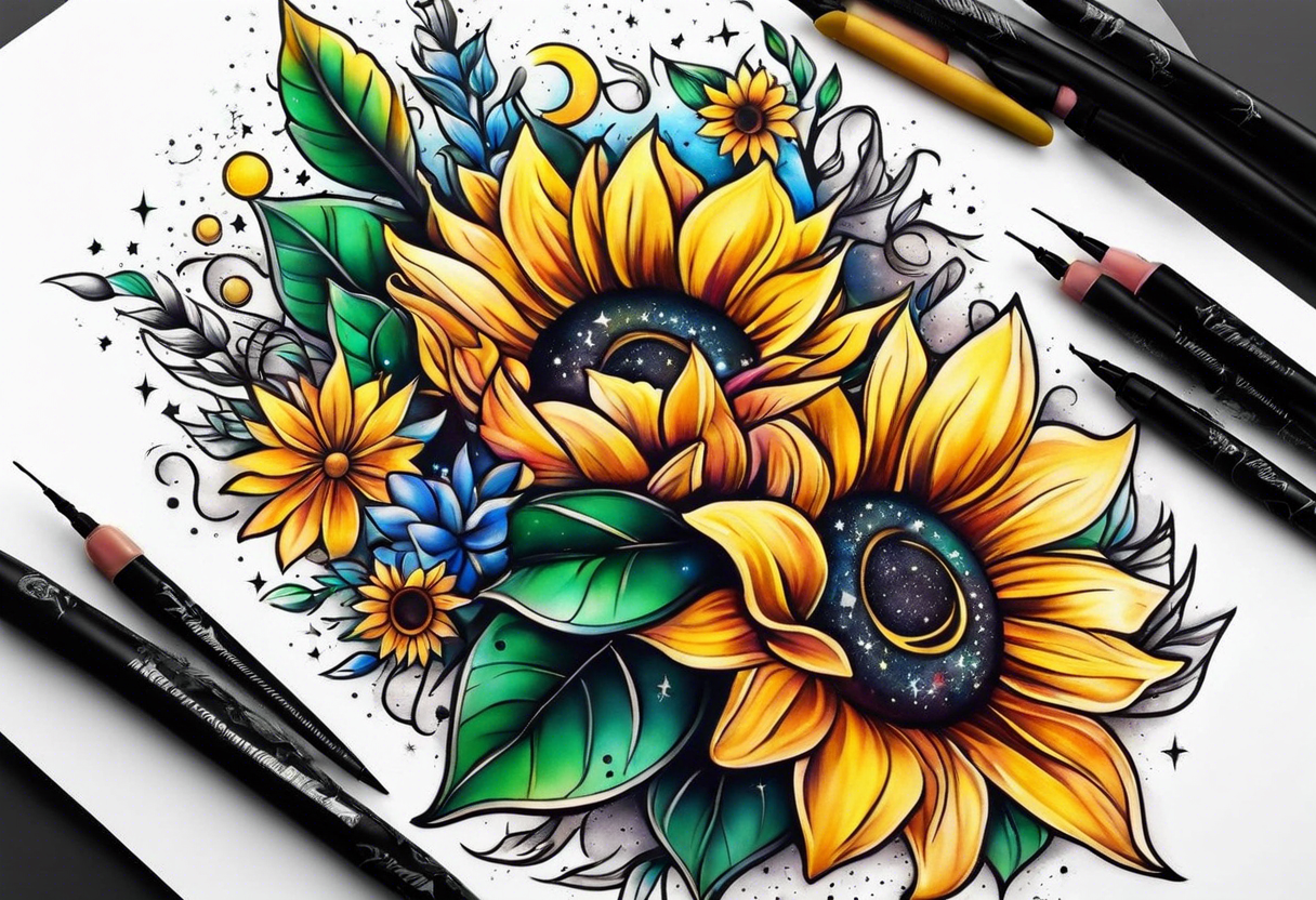 elegant tattoo with a small sunflower surrounded by cosmic stars and arrow tattoo idea