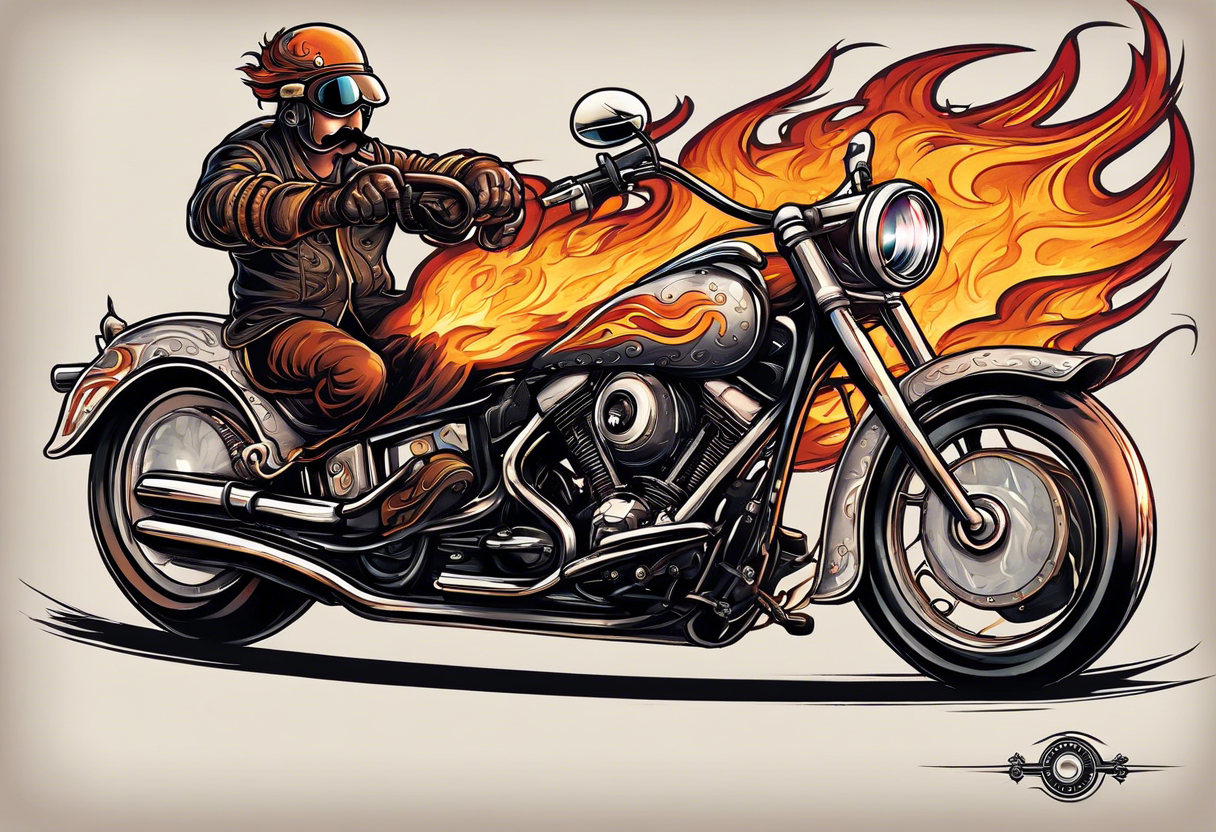 A single eyeball with arms & legs & a mustache riding a motorcycle with flames coming out the pipes. The rider should be face on and there should be a desert scene in the background tattoo idea