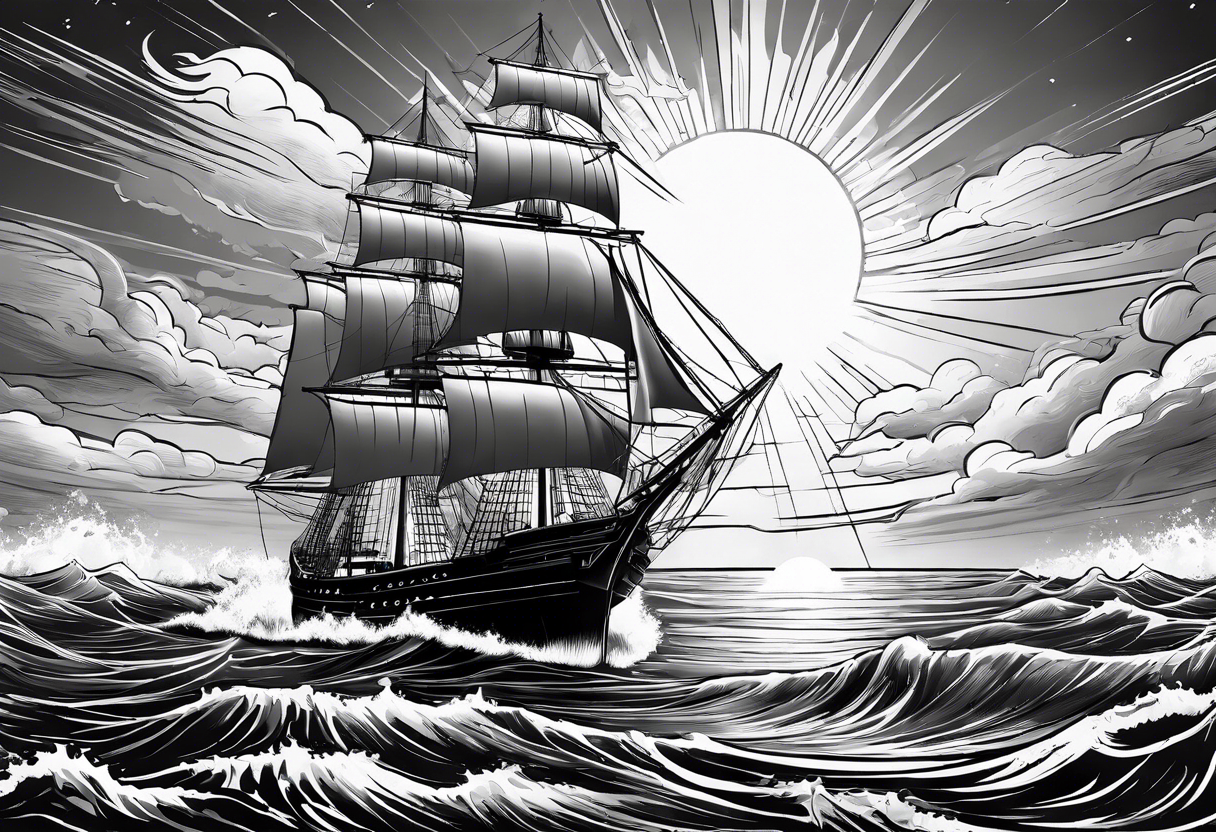 huge ship hitting in the sea with sun on the sky
without many details tattoo idea