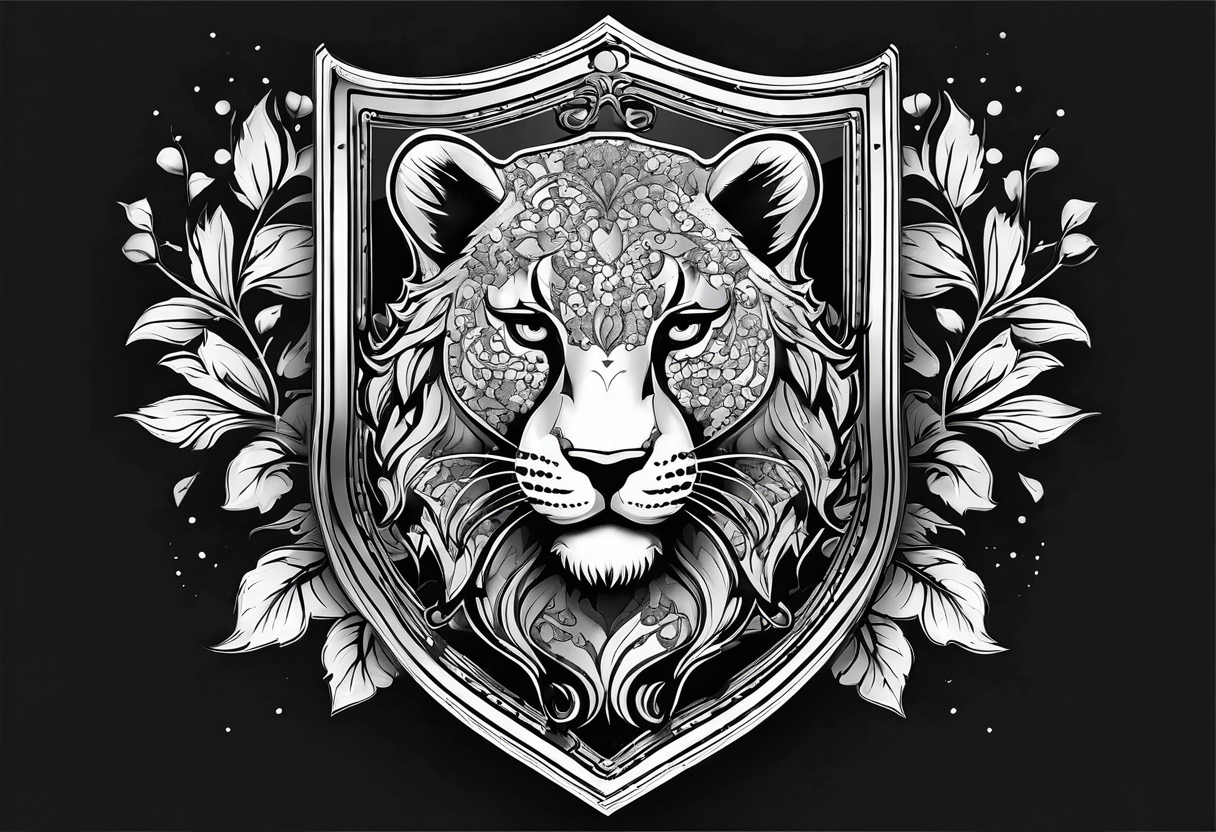 A shield with small leopar head as shield's emblem. The shield would be hang on a ivy planted wall tattoo idea