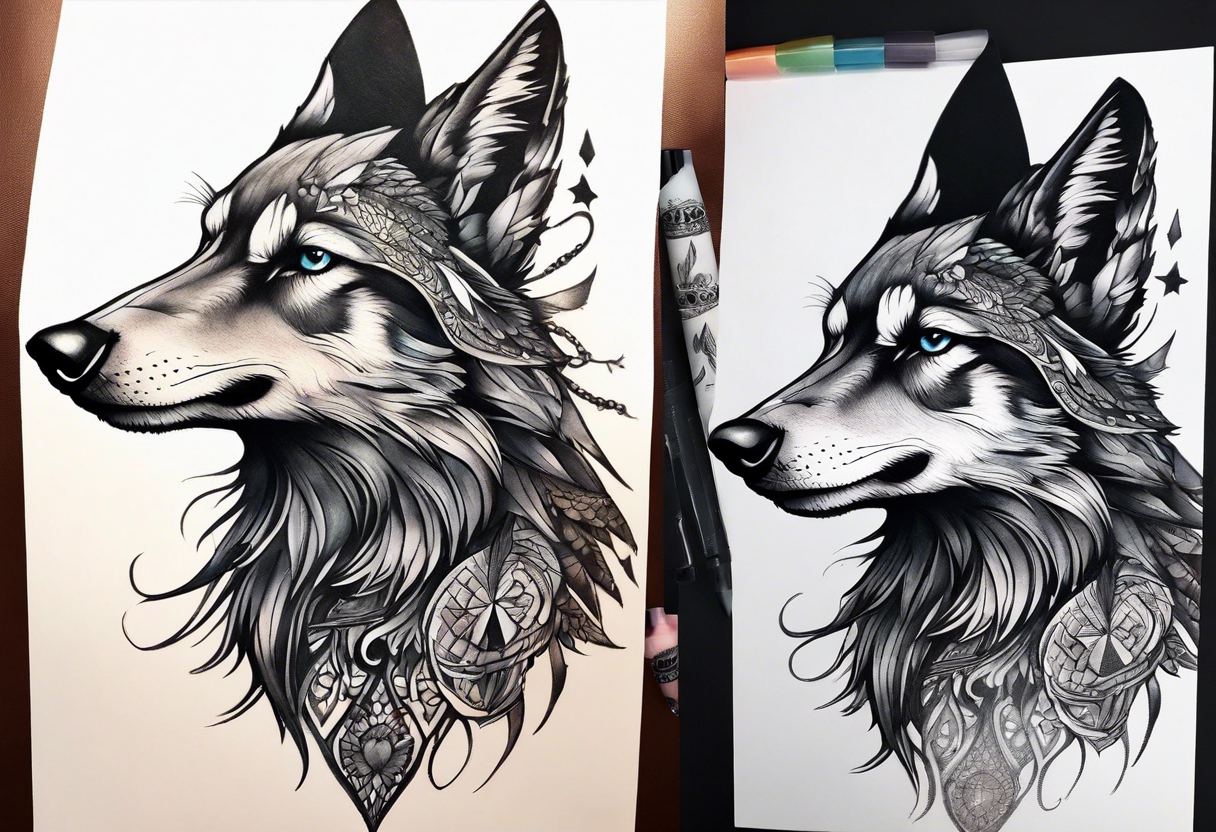 A fairy/witch with a Lot of collors (use fullcolor tattoo style)
Below the fairy a Black and white raven (use blackwork tattoo style)
Below the raven a realistic Wolf. tattoo idea