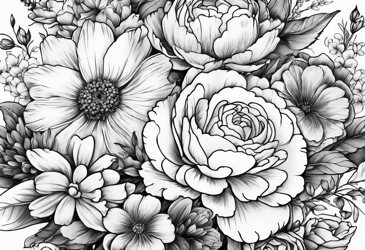 Bouquet, peonies, roses, daisies, forget me nots tattoo idea