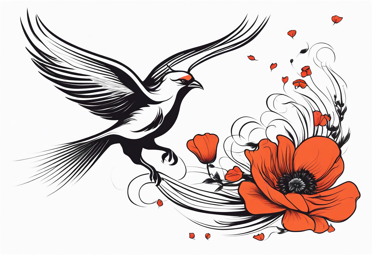 elongated phoenix in flight 
in profile long tail with claws holding poppies falling tattoo idea