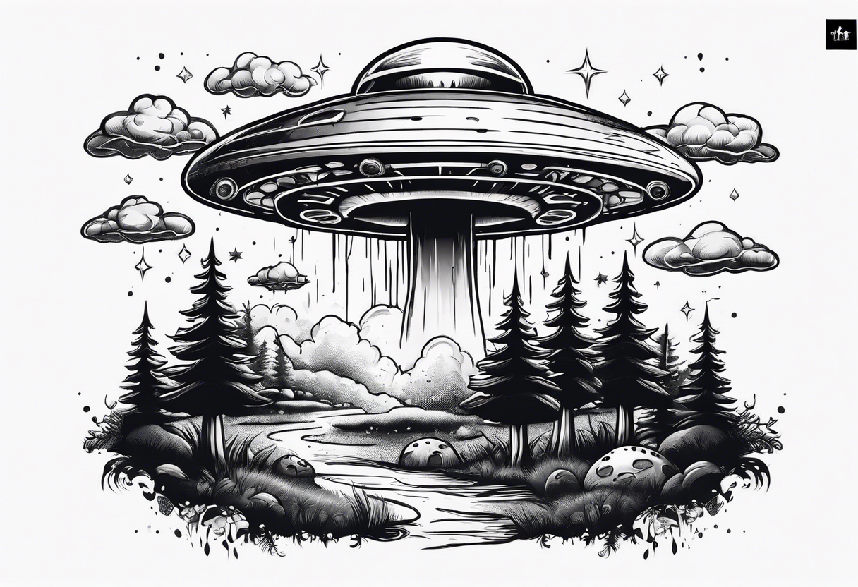 small ufo in sky above mushrooms and trees tattoo idea