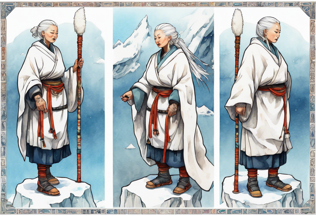 a 40 year old Sami woman with white hair and a white robe holding a white staff, standing on an iceberg tattoo idea