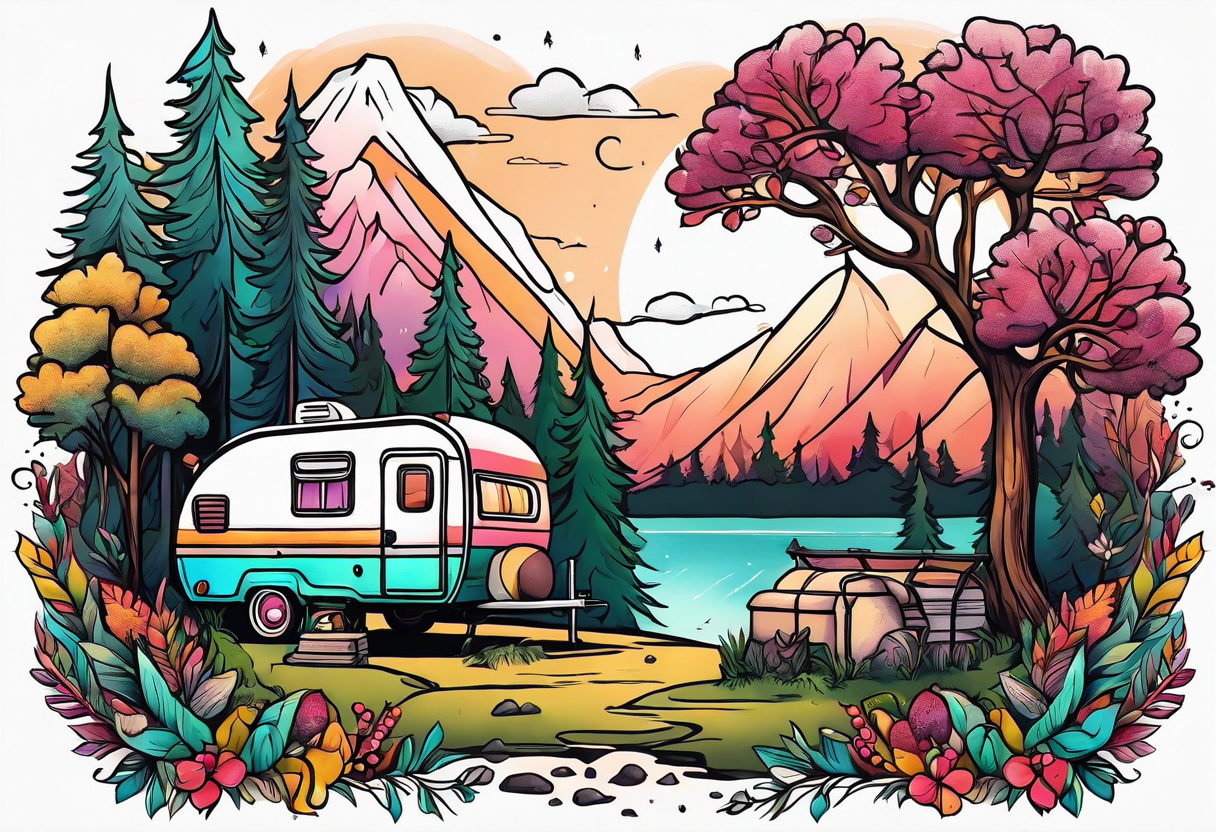 Camping in a colorful forest, adventure, feminine tattoo idea