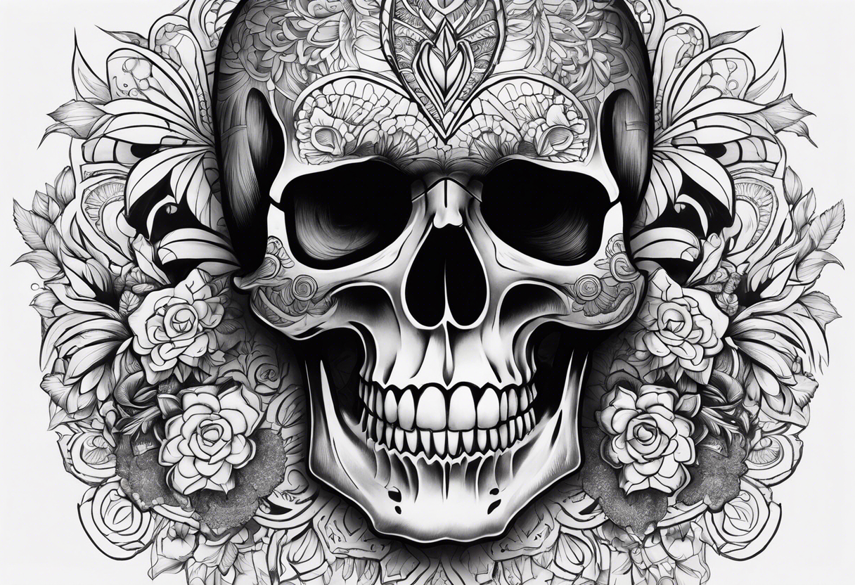 Draw me a realistic skull with big smoke out of his mouth add some flowers underneath with some mandalas Down under it tattoo idea