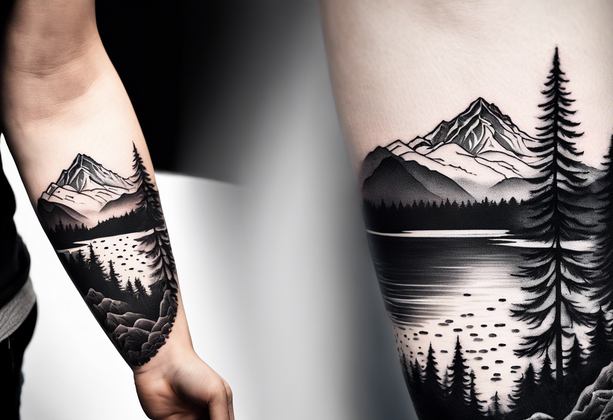 A snow capped mountain with pine trees and a river flowing to the right tattoo idea