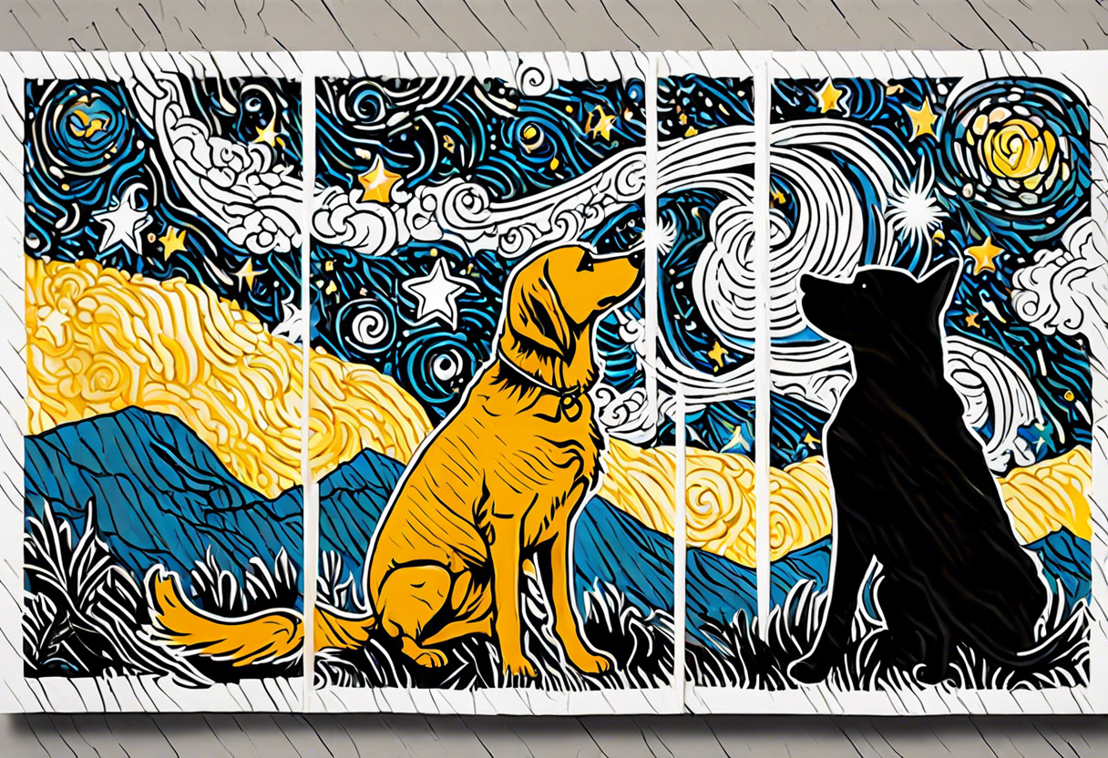 Me and my 3 dogs as silhouettes looking up at a night sky with galaxies comets and other space elements in the style of Van Gogh Starry Night. Must fit on an upper arm. tattoo idea