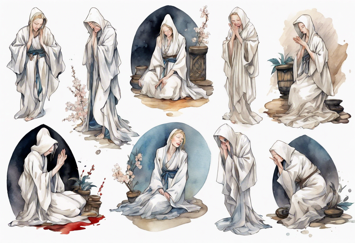 medieval Cate Blanchett dressed in white robes, weeping on floor tattoo idea