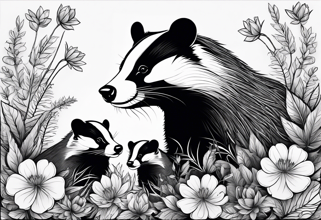 A badger with a cub in a field of flowers, including a cannabis leaf realistic in center and getting more trippy and black towards the edges spirals included tattoo idea