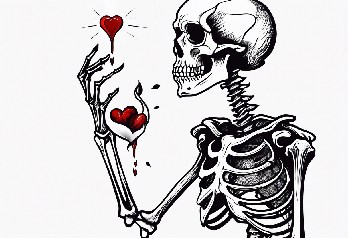 depressed skeleton handing his stabbed heart to someone tattoo idea