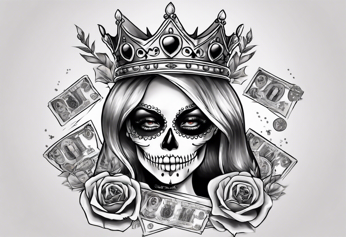 santa la muerta with money and crown
on the card tattoo idea