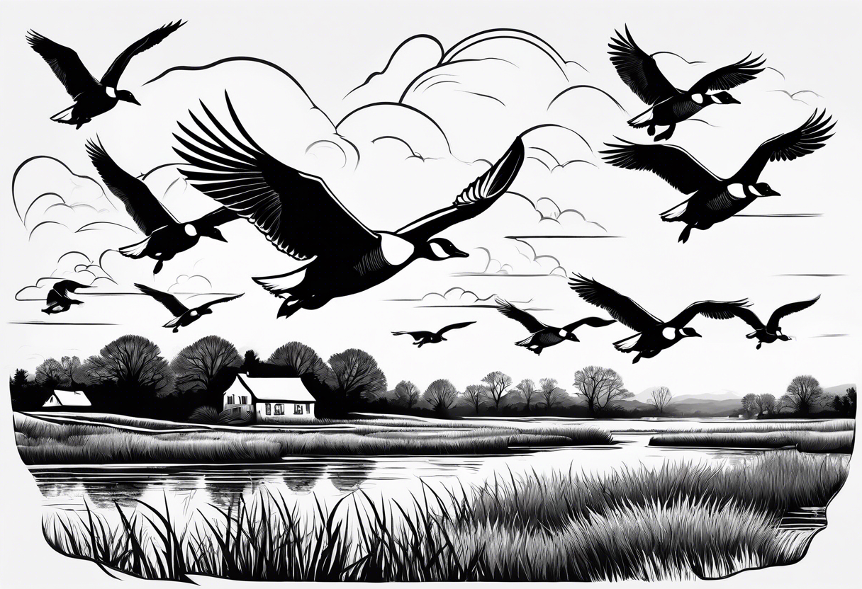 geese flying over marsh and people hunting them tattoo idea