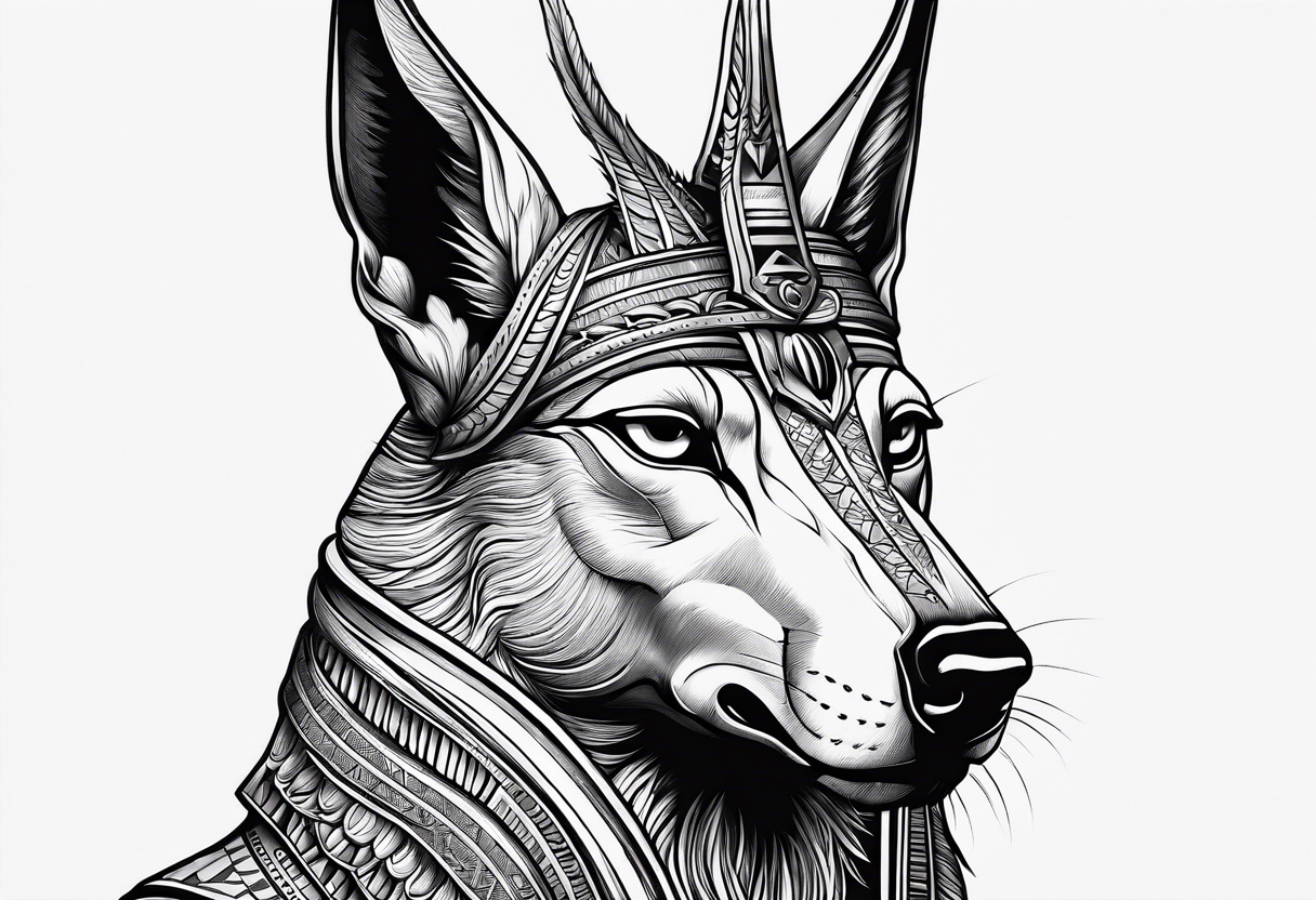 Egyptian style anubis god weighing the feather and the heart more realistic tattoo idea