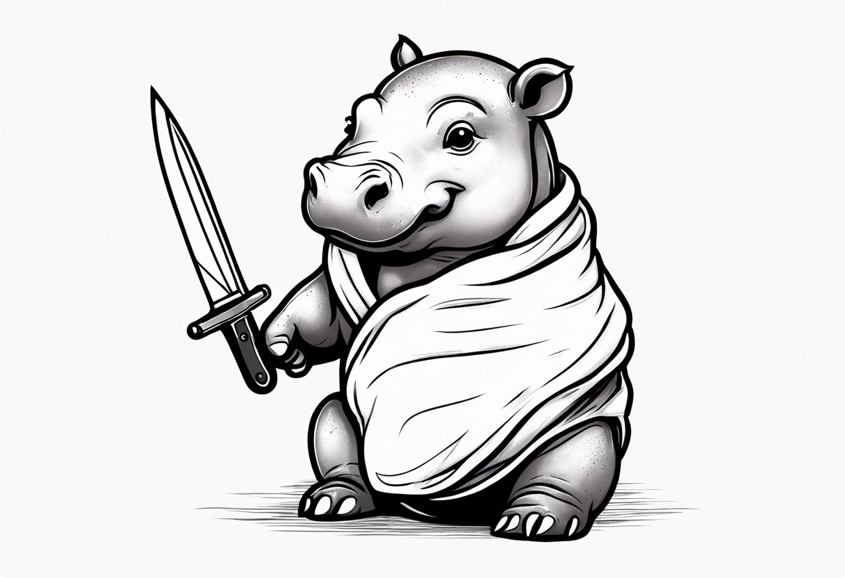 Baby hippopotamus wrapped in a swaddle and holding a knife tattoo idea