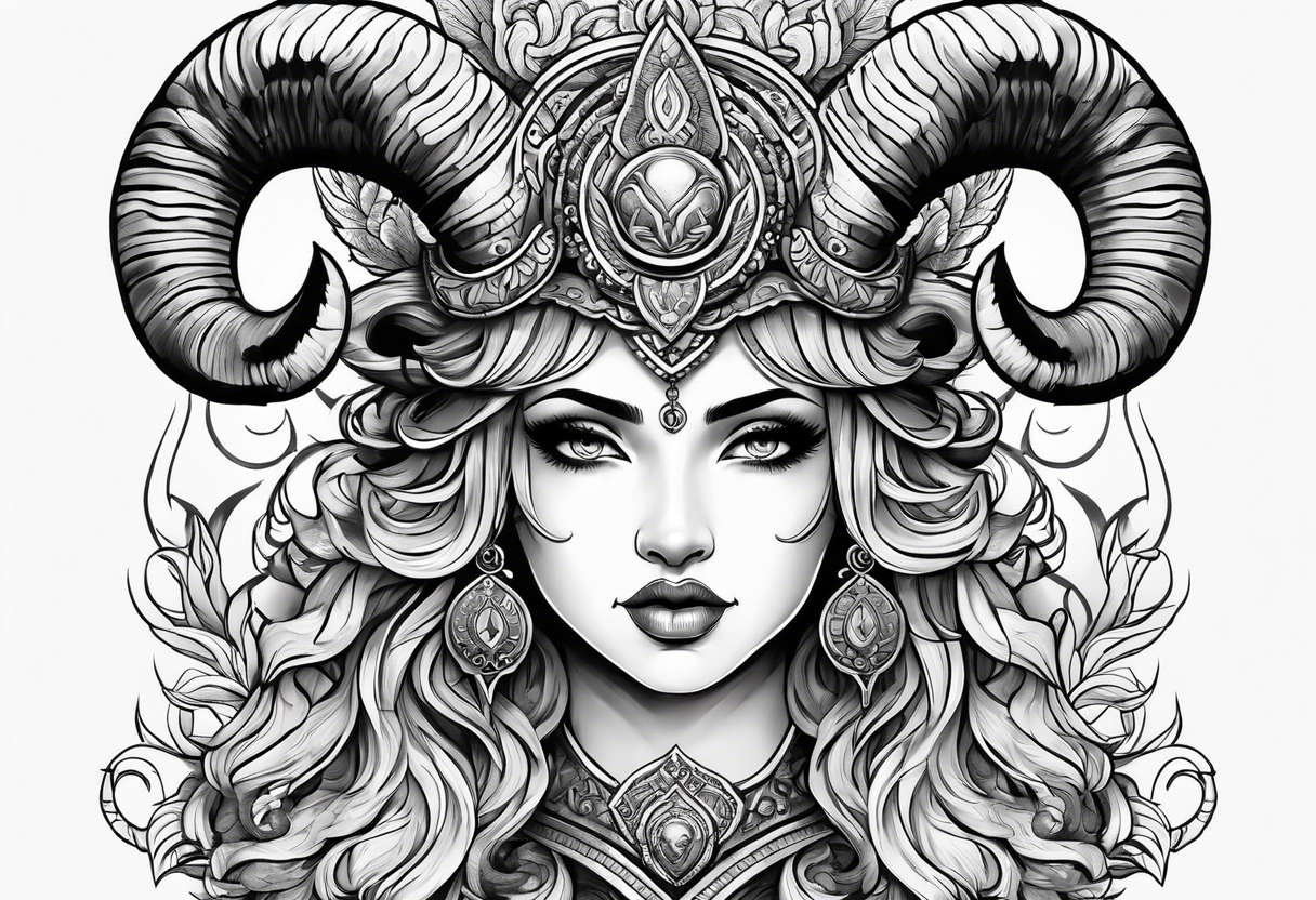 Aries goddess with ram horns tattoo idea