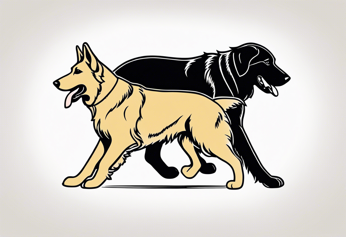 a black German shepherd and a golden retriever wrestling tattoo idea