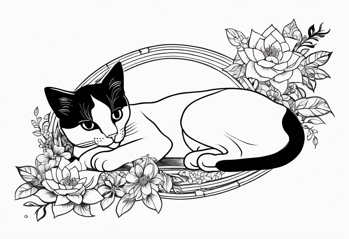 Art nouveau forearm tattoo of cat laying on back surrounded by flowers. tattoo idea