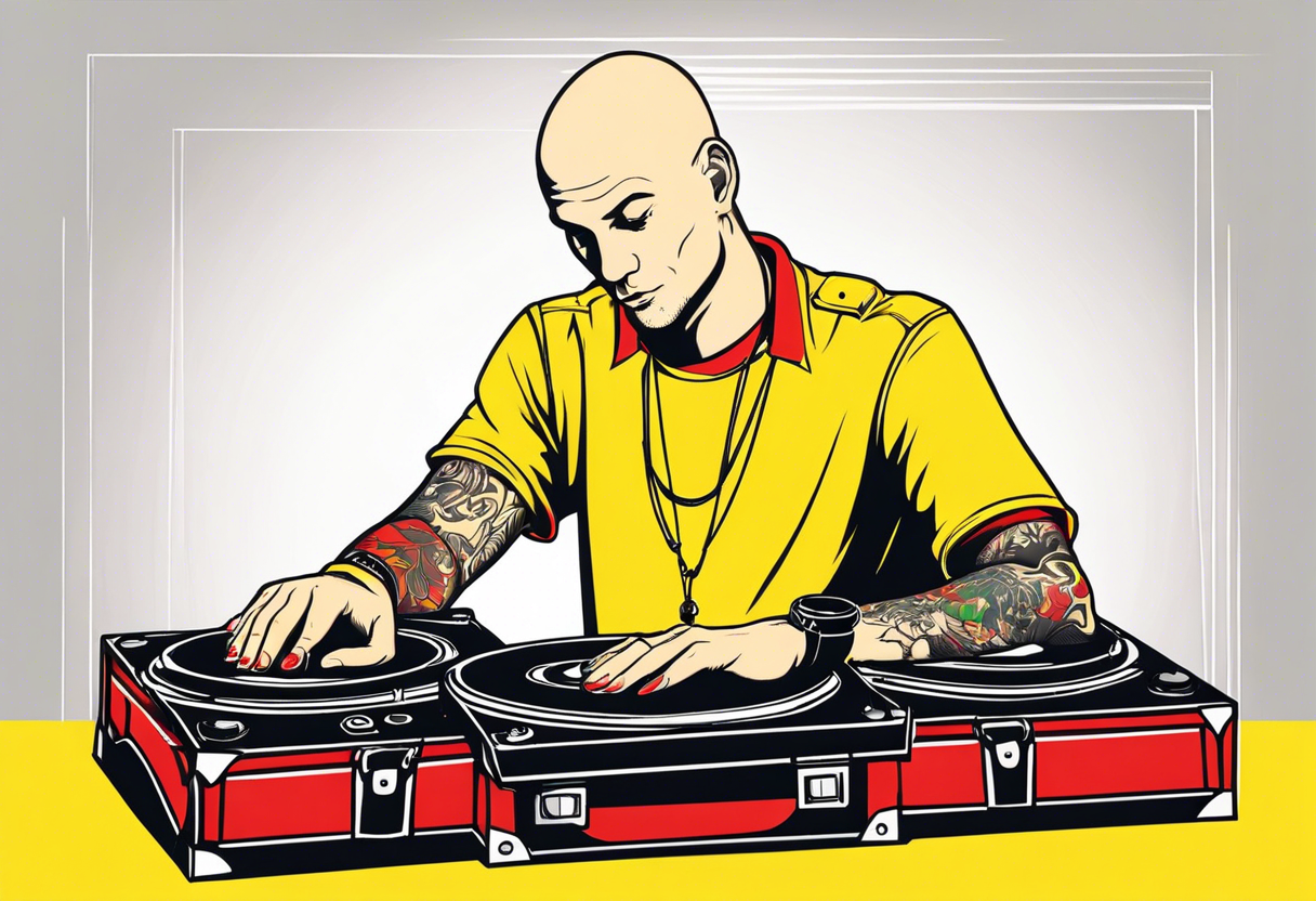 a bald german dj with handcuffs on in a bright yellow shirt with red shoe boxes around him tattoo idea