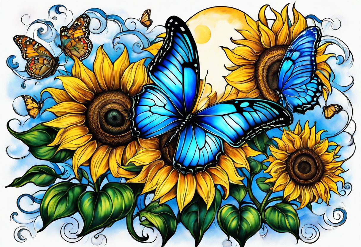 Full moon, blue morpho butterflies and sunflowers. tattoo idea