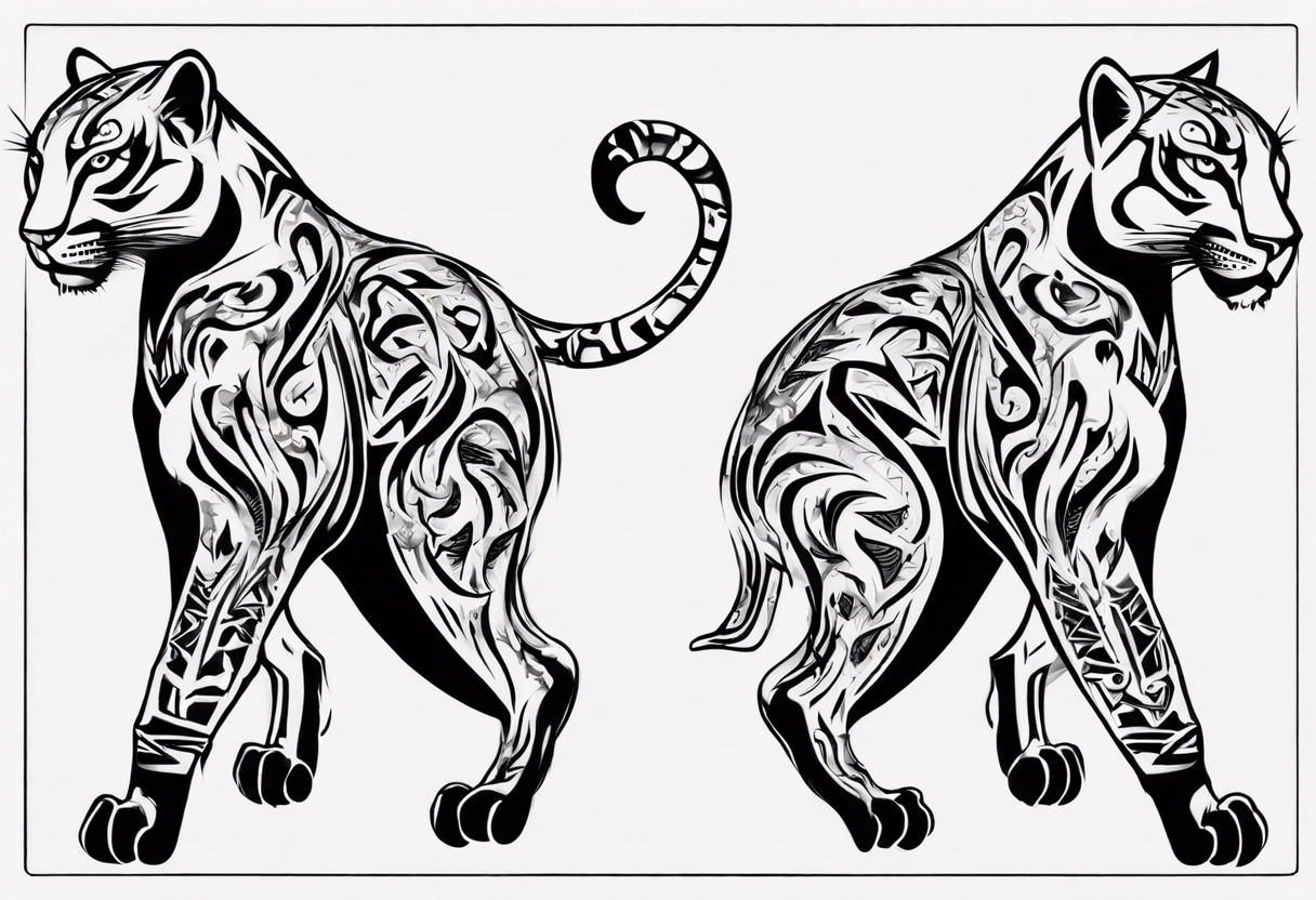 Generate a tattoo concept with two black pumas flanking a central element. Position the pumas side by side, facing outward, mirroring each other's stance. tattoo idea