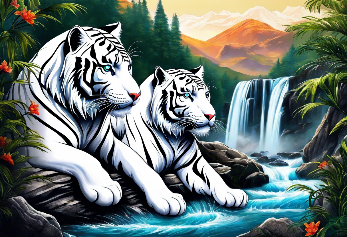 Two white tigers in nature separated by a waterfall tattoo idea