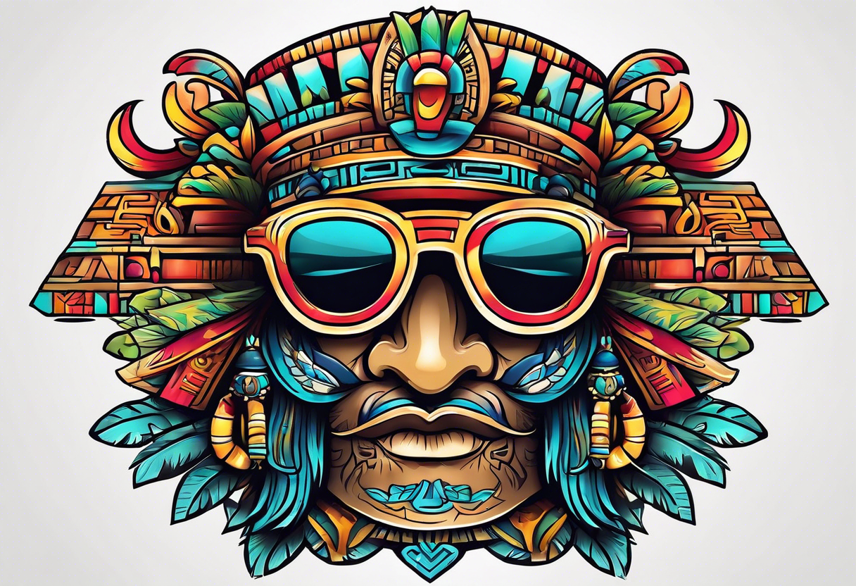 Colorful simple Mayan hieroglyph wearing sunglasses tattoo idea