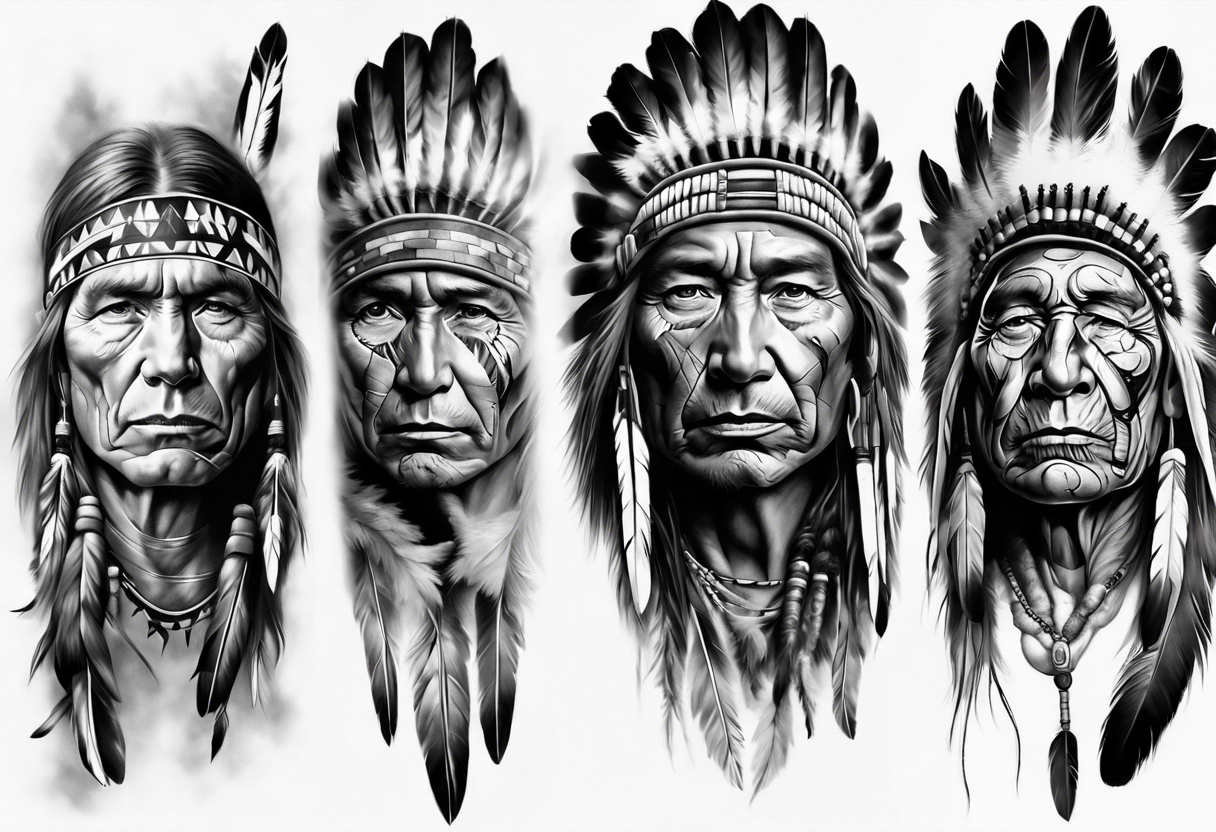 Native American theme man face photorealistic sleeve tattoo idea