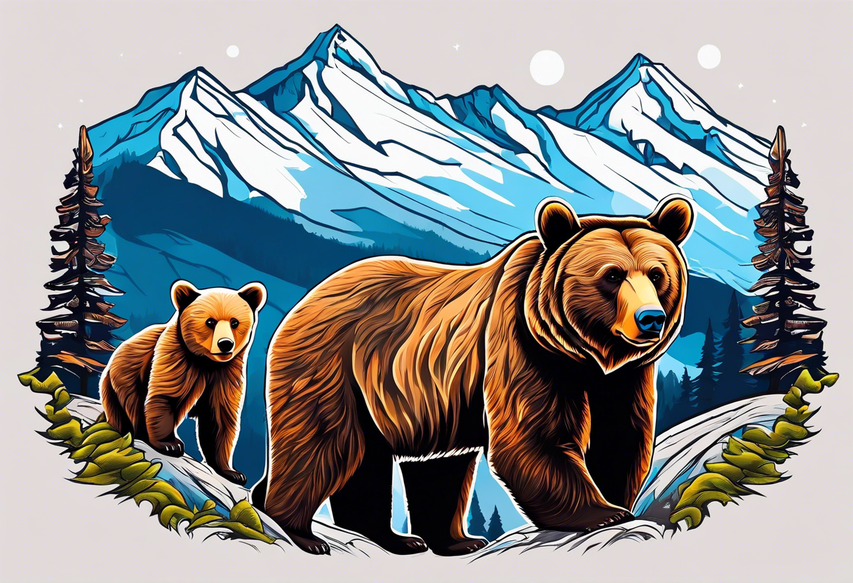 Momma bear and teen cub in the mountains tattoo idea